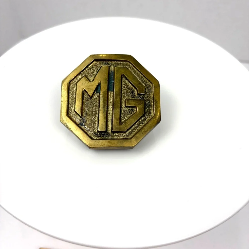 Vintage MG Motor Cars Solid Brass Belt Buckle Octagon Logo Automotive Accessory